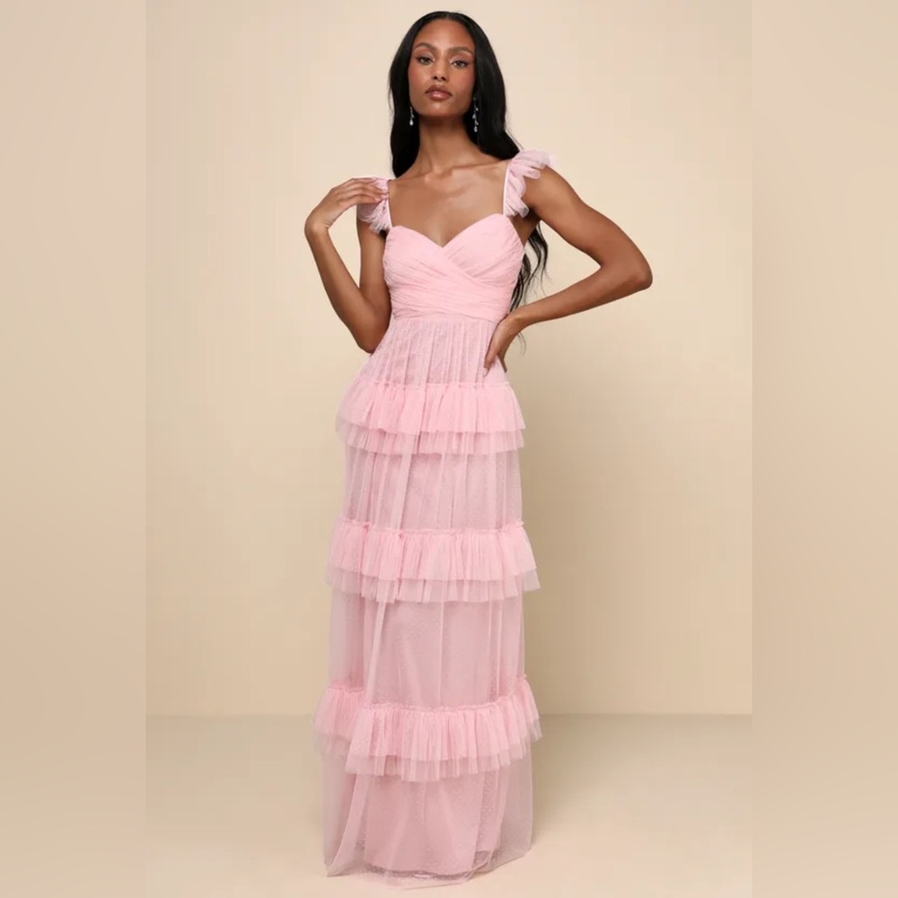 Pure Radiance Pink Mesh Swiss Dot Tiered Maxi Dress Lulus